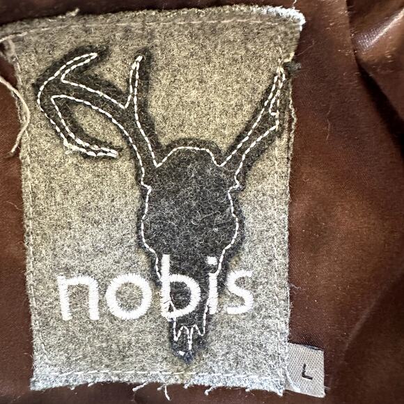 Nobis Bomber Utility Jacket Angora Hood Zip Up 4 Pocket Ribbed Trim Wool Brown L - Picture 3 of 5